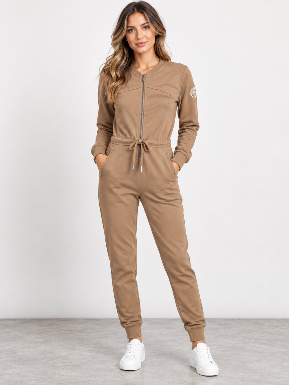 Lovello Elizabeth Zentai II Camel Brown Zip Front Jogger Jumpsuit Small